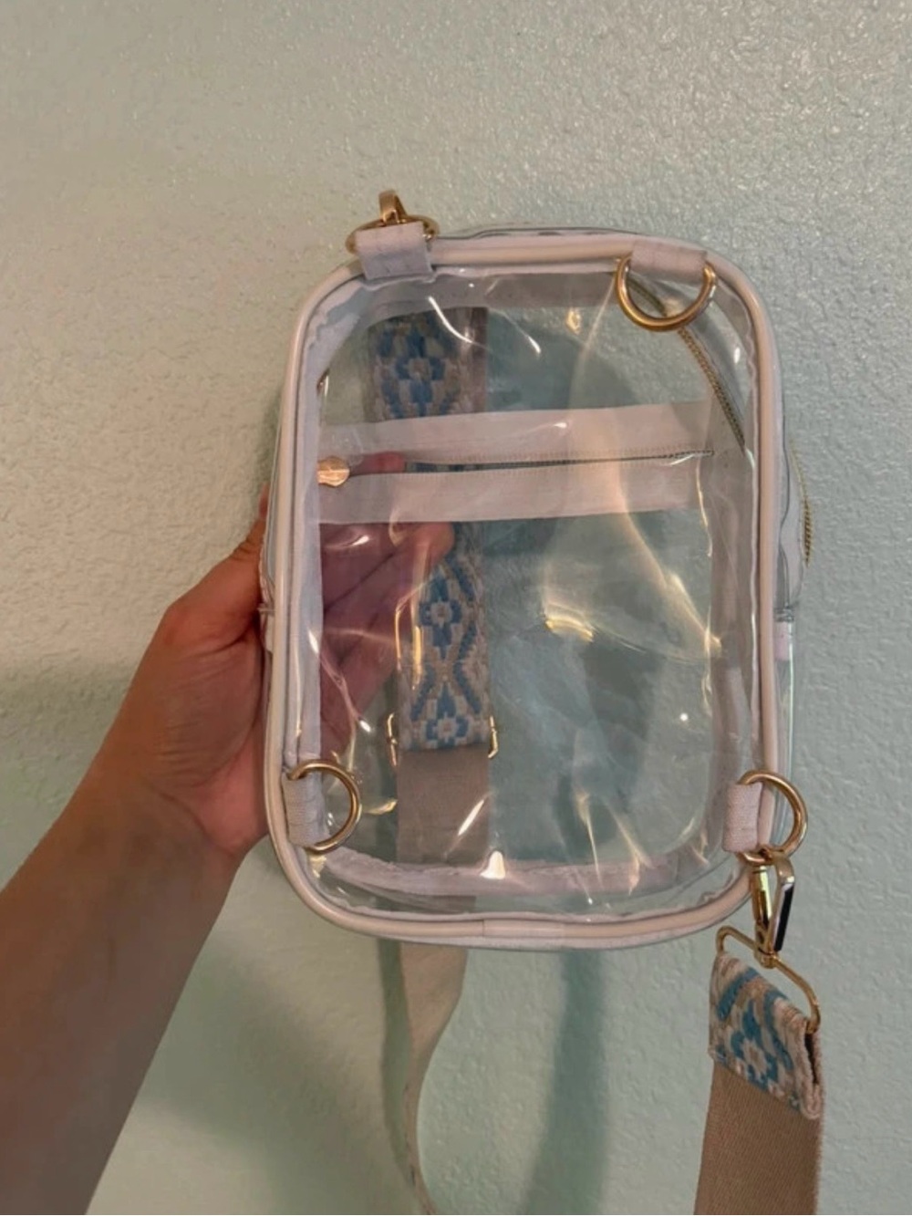 Clear White Crossbody Bag with Blue Accent Strap